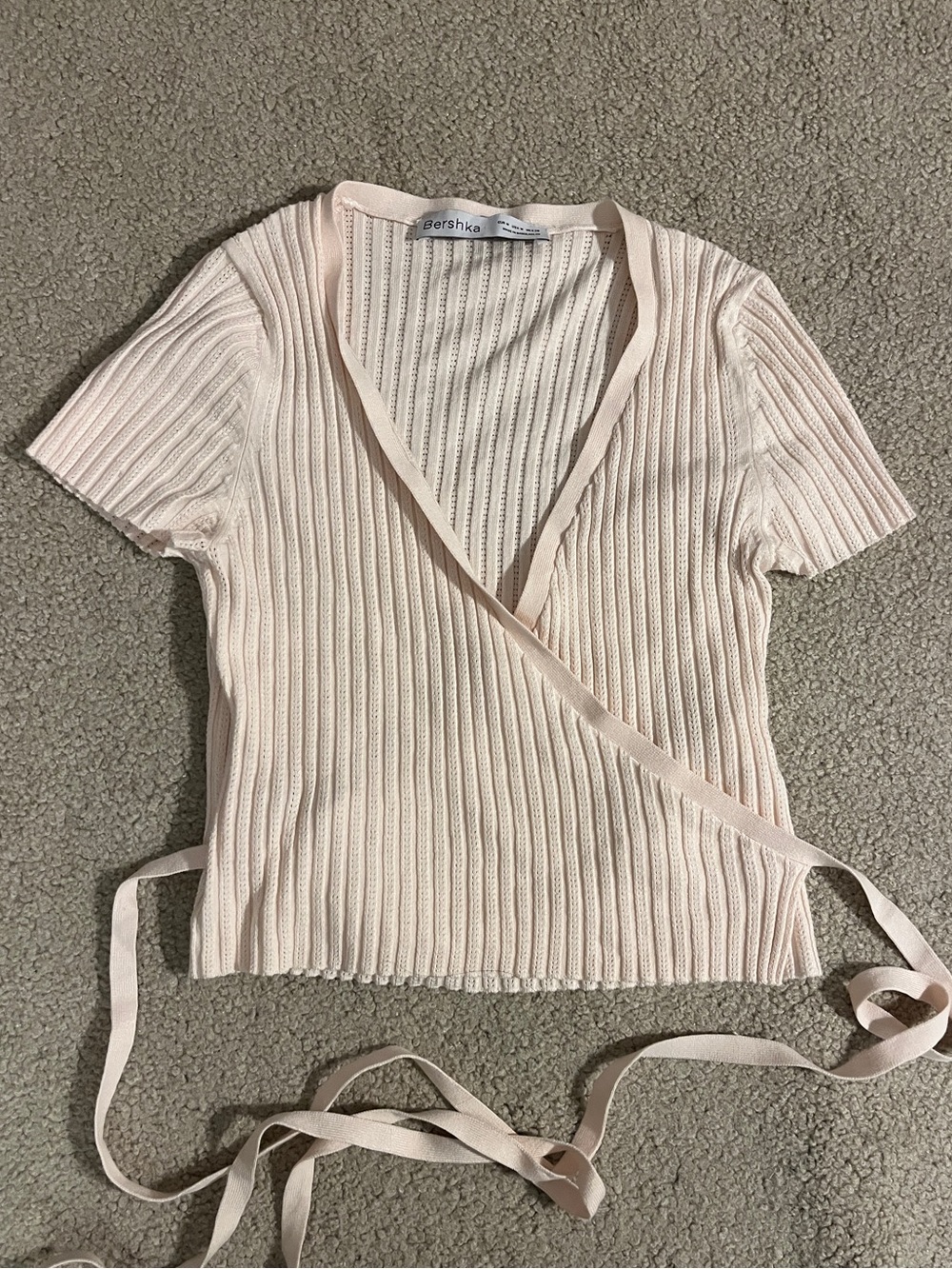 Bershka Light Pink Ribbed Short Sleeve Wrap Top
